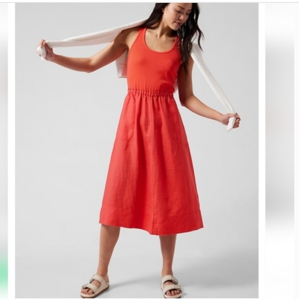 Athleta Baja Linen‎ Midi Dress Size M Passion Fruit Bright Summer Halter Comfort